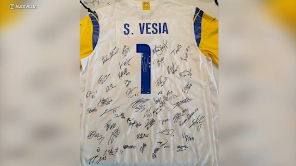 Rams Honor Dodgers Pitcher Alex Vesia and His Wife With Signed Jersey in Memory of Late Daughter