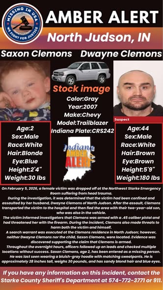🚨 AMBER ALERT ISSUED in Indiana for Missing 2-Year-Old Saxon Clemons 🚨