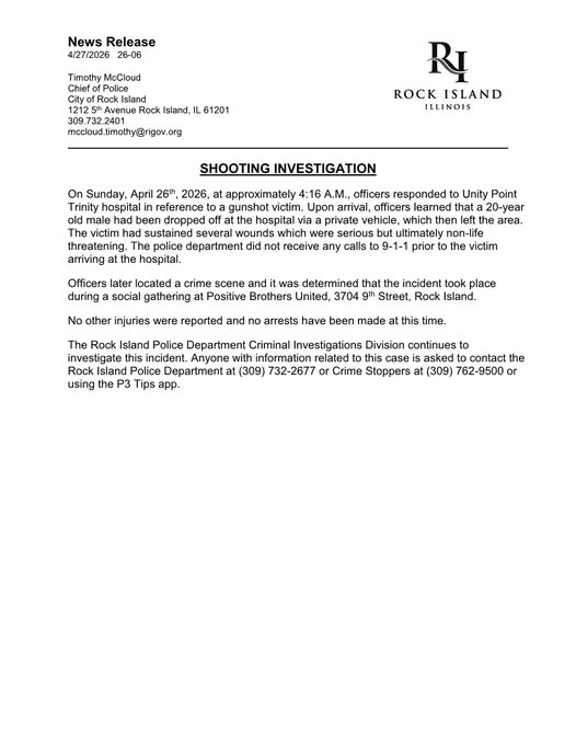 Shooting Investigation Underway After 20-Year-Old Found Injured at Rock Island Hospital